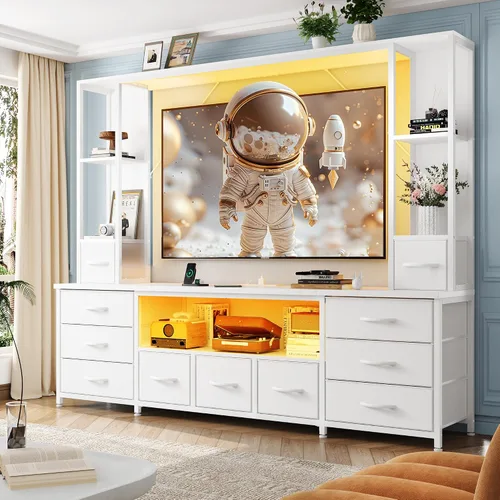 Vista 9 de EnHomee Soporte de TV de 65 pulgadas para sala de estar, gran centro de entretenimiento con 11 cajones de tela, 2 luces LED y tomas de corriente