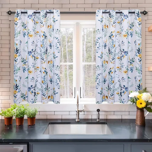Vista 12 de MYSKY HOME Cortinas florales para puerta francesa de 40 pulgadas de largo, juego de 2 cortinas opacas de privacidad con bolsillo para barra A-verde