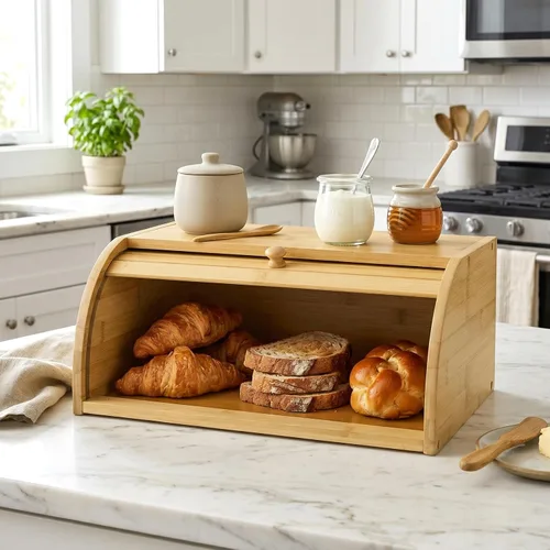 Vista 6 de Lawei Panera de bambú, caja de pan grande de madera con parte superior enrollable, contenedor de almacenamiento de pan para encimera, soporte