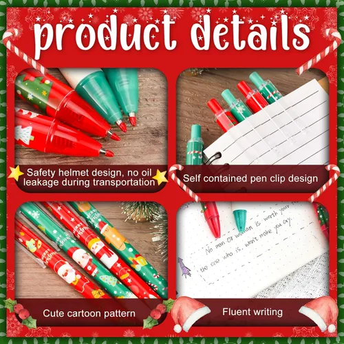 Vista 3 de Leinuosen 48 piezas de bolígrafos de Navidad a granel lindos bolígrafos retráctiles de tinta de gel de color rojo y verde, diseño de renos y árbol