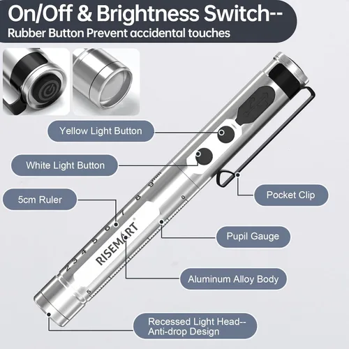 Vista 6 de RISEMART Luz de bolígrafo para enfermera, luz LED médica recargable, blanco cálido/frío y atenuación continua, luz médica portátil para enfermera