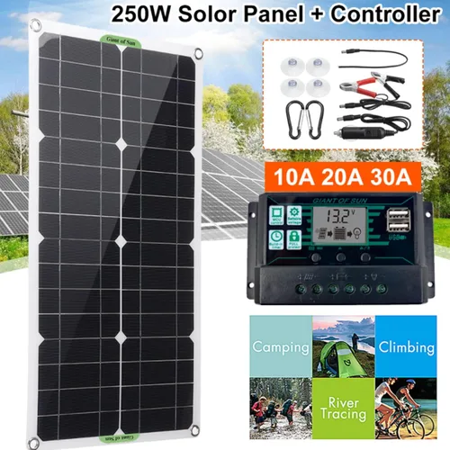 Vista 2 de Diydeg Kit de panel solar, módulo fotovoltaico totalmente monocristalino de 250 W, kit de inicio de panel solar con controlador PWM de 10 A, 12 V