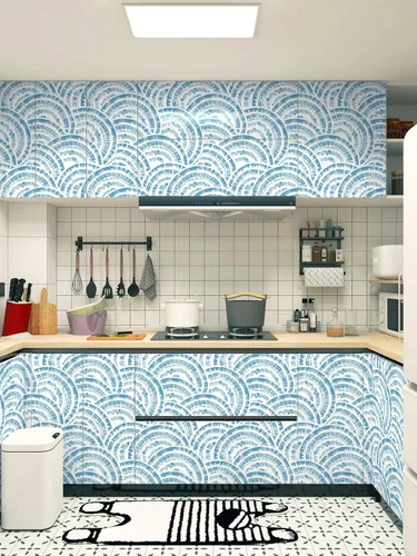Vista 5 de Toduso Papel tapiz geométrico de 17.3 x 196.8 pulgadas, papel tapiz para despegar y pegar, papel de pared de círculo azul blanco y azul, papel