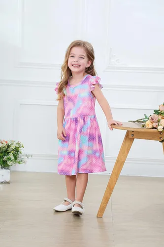 Vista 7 de Vestido de unicornio casual con mangas con vuelo para niñas pequeñas, vestido de verano para fiesta de cumpleaños, vestidos de verano de 1 a 8 años