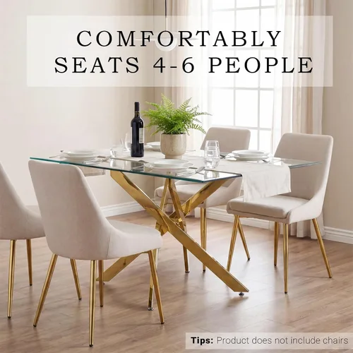 Vista 6 de Knocbel Mesa de comedor rectangular de 59 pulgadas para 4 a 6, mesa de cocina contemporánea con parte superior de vidrio templado y patas cruzadas