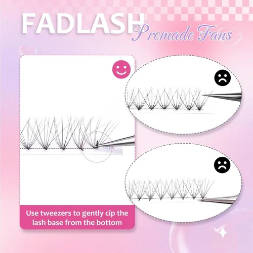 Vista 30 de FADLASH Extensiones de pestañas postizas en abanico con base puntiaguda 10D, extensiones de pestañas postizas de tallo medio, extensiones