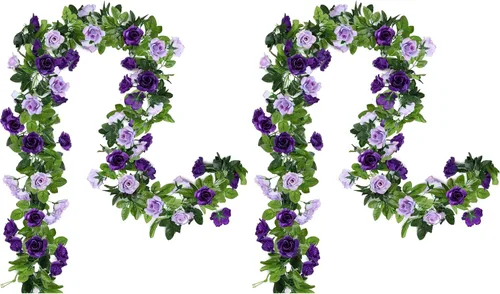 Vista 15 de Floweroyal Paquete de 2 guirnaldas de flores artificiales de 15.8 pies, flores de seda falsas de hiedra rosa para colgar en el arco de boda, fiesta