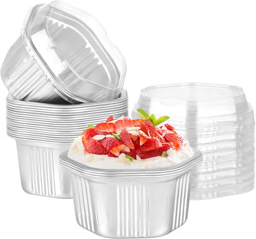 Vista 28 de Beasea Tazas desechables para hornear con tapas, juego de 50 unidades, 13.5 oz 400 ml, ramekins de aluminio con tapa de papel de aluminio, moldes