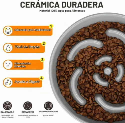 Vista 3 de Cuenco de cerámica para perros de alimentación lenta, 2 tazas de plato de Flor - Gris