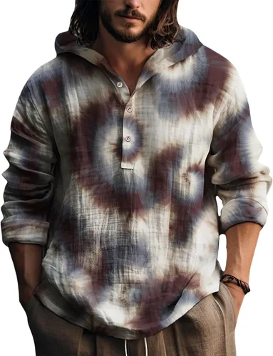 Vista 21 de Sudaderas con capucha para hombre, con estampado de teñido anudado, cuello en V, manga larga, con botones, de gran