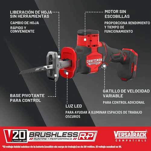 Vista 2 de CRAFTSMAN Sierra de vaivén inalámbrica V20, 2,800 RPM, solo herramienta (CMCS340B)