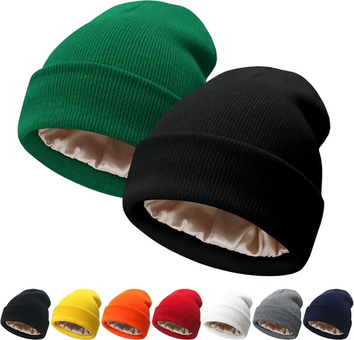 Vista 8 de NPQQUAN 2 PCS Satin Lined Beanie for Women Silk Lined Beanies Winter Warm Soft Lining Cuffed Knit Beanie Hats for Women