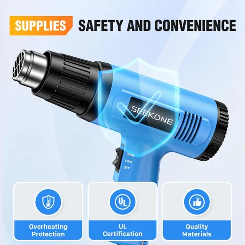 Vista 4 de Seekone Pistola de calor, kit de pistola de aire caliente de 1800 W de alta resistencia, configuración de temperatura dual 299℃ y 599℃, pistola