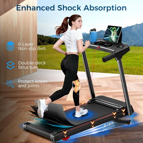 Vista 7 de Cinta de correr con 0-16% de inclinación automática, 0.6-7.5 MPH caminadora para el hogar, 3.0 HP de bajo ruido plegable con barra de mango y Negro