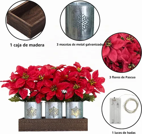 Vista 5 de Flores de Pascua artificiales de Navidad con luces LED, centro de mesa de Navidad rojo en macetas y caja de madera para decoración