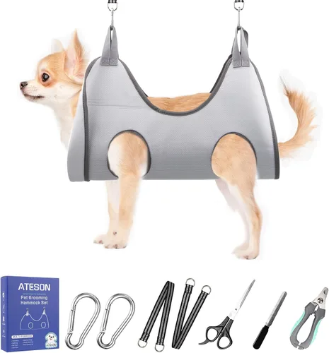 Vista 17 de Hamaca de aseo para mascotas para perros y gatos pequeños – Eslinga para recortar uñas con cortaúñas, lima de uñas y tijeras – Arnés de aseo