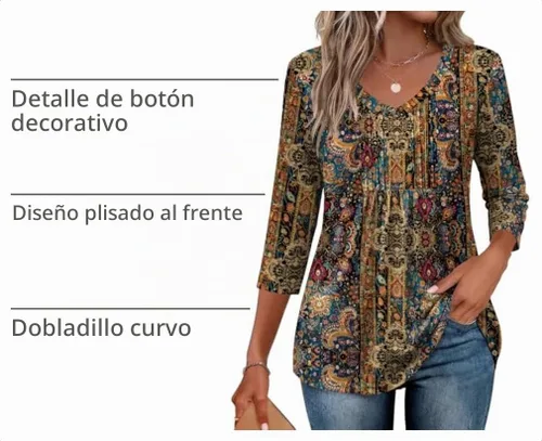 Vista 4 de Ekouaer Blusas de manga 3/4 para mujer, cuello en V, blusas plisadas casuales Boho Multicolor