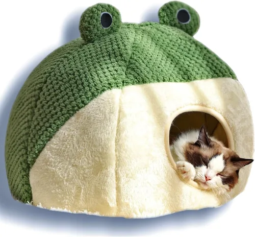Vista 8 de Linda cama de felpa para gatos 2023, redonda, esponjosa, Kawaii para mascotas, cálida y acogedora, para alivio de articulaciones, lavable (verde 1)