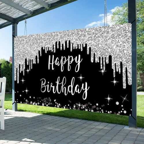 Vista 3 de Cartel de feliz cumpleaños negro y blanco plateado para mujeres y niñas, cartel de feliz cumpleaños negro y plateado, suministros de fiesta, póster