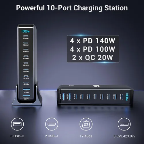 Vista 2 de Estación de carga USB C de 1000 W, cargador de escritorio GaN de 10 puertos, estación de carga rápida para múltiples dispositivos con puertos USB C