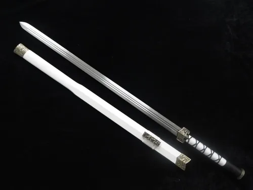 Vista 3 de Espada china/Han jian/Hoja de acero al carbono medio/vaina de pintura de cuero blanco