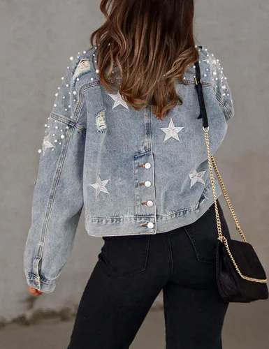 Vista 3 de Esmeling Chaqueta vaquera con perlas recortadas para mujer, diseño de estrellas, con bordado de estrellas