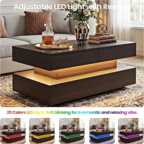 Vista 3 de Mesa de centro para sala de estar, mesa de centro moderna con 2 cajones de almacenamiento, mesa central de 2 niveles de madera con luces LED de 20