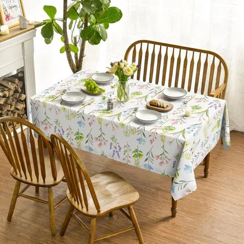 Vista 2 de Horaldaily Mantel rectangular de primavera de 52 x 70 pulgadas, diseño de flores silvestres, hierbas florales, elegante, lavable, para fiesta