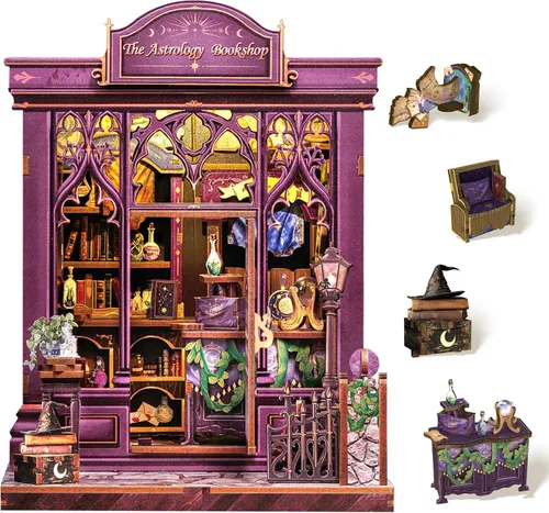 Vista 22 de Cutefun - Kit de rincón de libros - Kit de casa en miniatura DIY para adultos y adolescentes, kit de rompecabezas de madera 3D en miniatura con LED