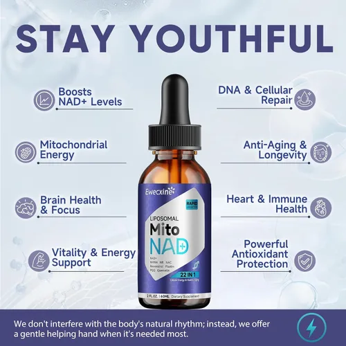 Vista 4 de Gotas líquidas liposomales NAD+, suplemento NR y NMNH y salud mitocondrial, 22 en 1 para un envejecimiento saludable, apoyo nervioso y energético