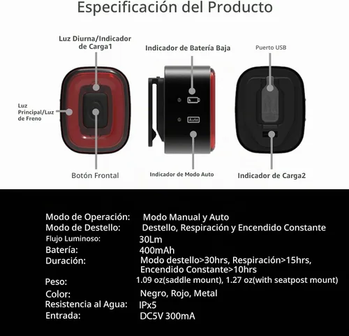 Vista 4 de CUBELITE II Luz inteligente para bicicleta, detección automática de luz ambiental, luz trasera con detección de freno, recargable por USB, súper