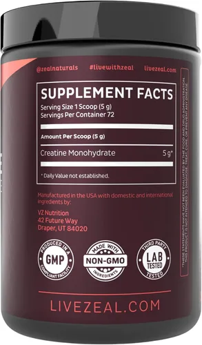 Vista 8 de Zeal - Monohidrato de creatina micronizada en polvo Creatina pura sin sabor 0.18 oz por porción, 72 porciones Apoya el crecimiento muscular