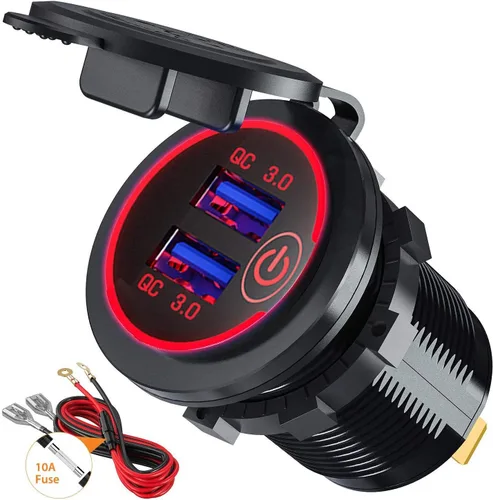 Vista 8 de GemCoo Enchufe de cargador USB de 12 V/24 V, 36 W QC 3.0 puertos USB duales, interruptor táctil, indicador LED, resistente al agua, verde