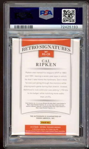 Vista 2 de Cal Ripken 2019 Panini National Treasures Retro Signatures #RS-CR (card) PSA 9