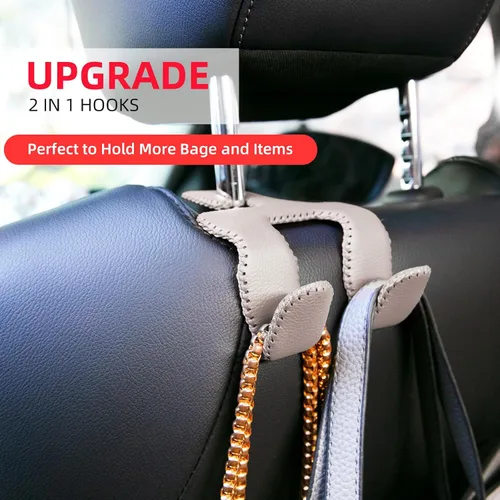 Vista 2 de Ganchos de coche para bolsos y bolsos, colgador duradero 2 en 1, gancho de cuero para reposacabezas, organizador de asiento trasero de automóvil, 1