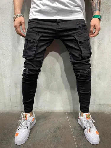 Vista 5 de LONGBIDA - Jeans para hombre, de tiro ajustado, con roto y desgastados
