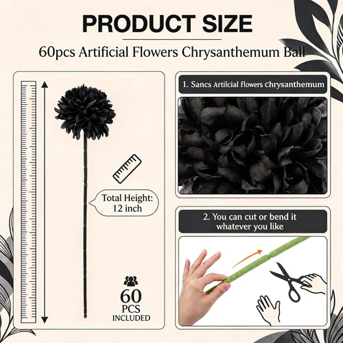 Vista 2 de Tigeen 60 piezas de flores artificiales negras crisantemo para decoración Negro