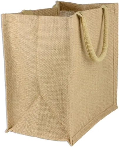 Vista 2 de Paquete de 12 bolsas de yute y arpillera, asas de algodón suave, interior laminado, Natural, Mediana