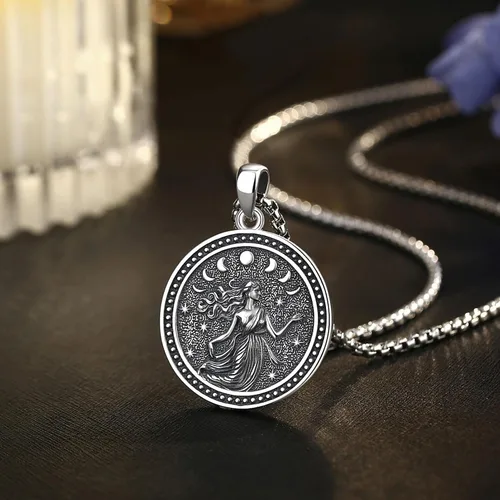 Vista 65 de EUDORA Collar de plata de ley 925 con moneda Hécate, Athena, Perséfono, Nyx, diosa de la luna triple, diosa celta, rueda de Hécate, llave, regalo
