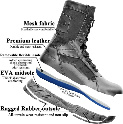 Vista 3 de Botas militares tácticas ligeras para hombre, botas de combate con cremallera lateral anticolisión con cordones para senderismo al aire libre