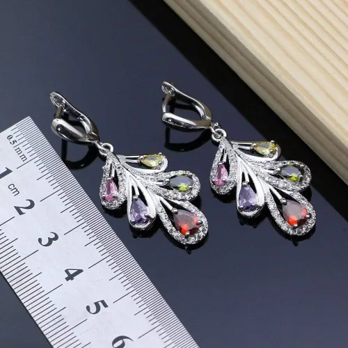Vista 4 de Juego de joyas de plata 925 con circonita multicolor para mujer, aretes de boda con anillo de piedra, pulsera y collar de novia