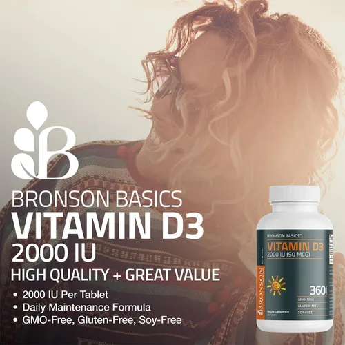 Vista 3 de Bronson Vitamina D3 2000 UI (50mcg) Sin OGM, 360 tabletas