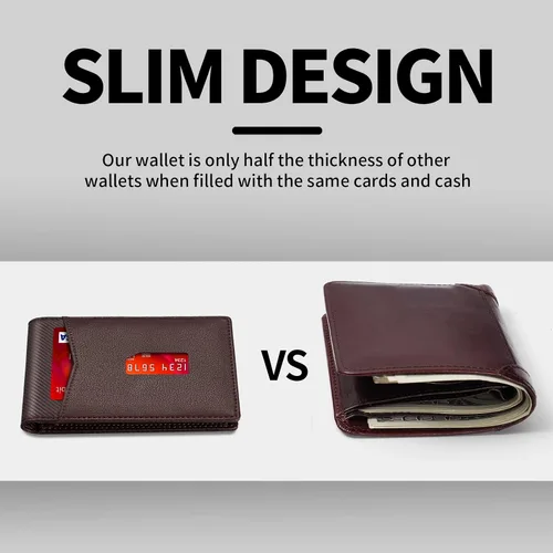 Vista 6 de SHOUCANGAR Cartera para hombre Cartera con bloqueo RFID para hombre con bolsillo frontal Carteras pequeñas con correa de efectivo (marrón)