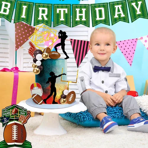 Vista 3 de Juego de 21 decoraciones de pastel de fútbol de 21 piezas, incluye acrílico de feliz cumpleaños, jugadores de pelota de rugby, decoración
