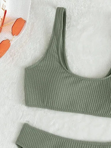 Vista 3 de GORGLITTER Conjunto de bikini de cintura alta para mujer, 2 piezas, cuello redondo, top corto, traje de baño