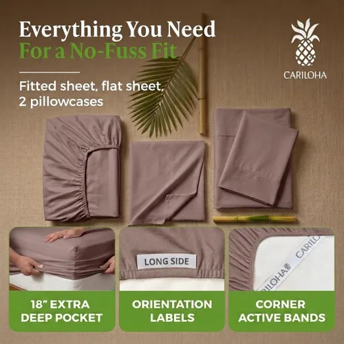 Vista 6 de Cariloha Set de sábanas clásico de 4 piezas Ropa de cama de playa King Material de viscosa Extra suave, refrescante para personas que