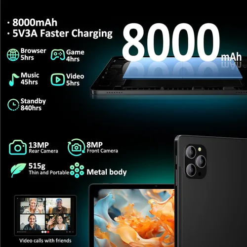 Vista 6 de Tablet Android 15, pantalla FHD de 11 pulgadas 2K 36 GB de RAM 256 GB ROM /2 TB TF T615 Octa-Core, tableta Android 2 en 1 con teclado, batería
