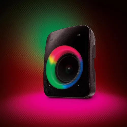 Vista 3 de Coby Altavoz Bluetooth inalámbrico, altavoz portátil con 11 modos de luz LED, entrada de micrófono integrada y radio FM para uso en exteriores