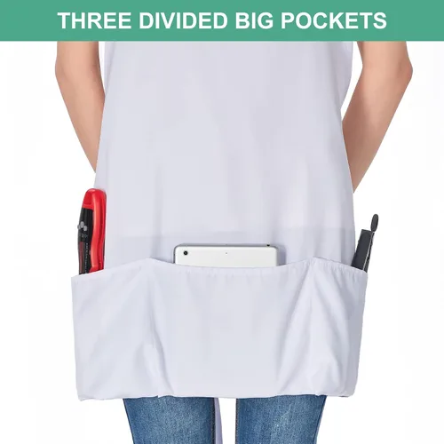 Vista 2 de Jubatus Paquete de 2 delantales ajustables con 3 bolsillos, delantales de cocina para chef, para mujeres y hombres, color blanco