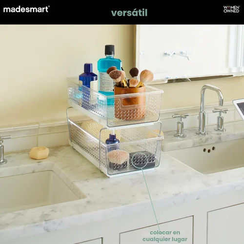Vista 2 de madesmartOrganizador de 2 niveles, cestas de almacenamiento de deslizamiento multiusos con asas, claro pull out bins, adjustable dividers, tiered
